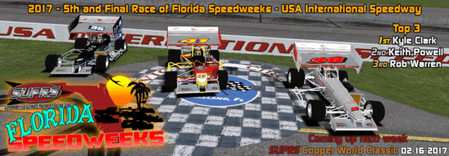 SUPRS Florida Speedweeks Night 5 USA International Speedway victory lane screen.