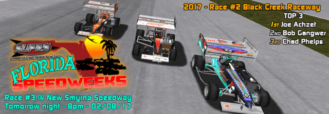 SUPRS Florida Speedweeks Night 2 Black Creek Raceway victory lane screen.