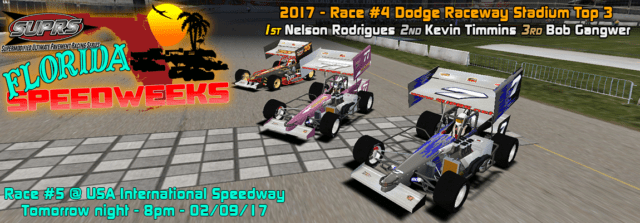 SUPRS Florida Speedweeks Night 4 Dodge Raceway Stadium victory lane screen.