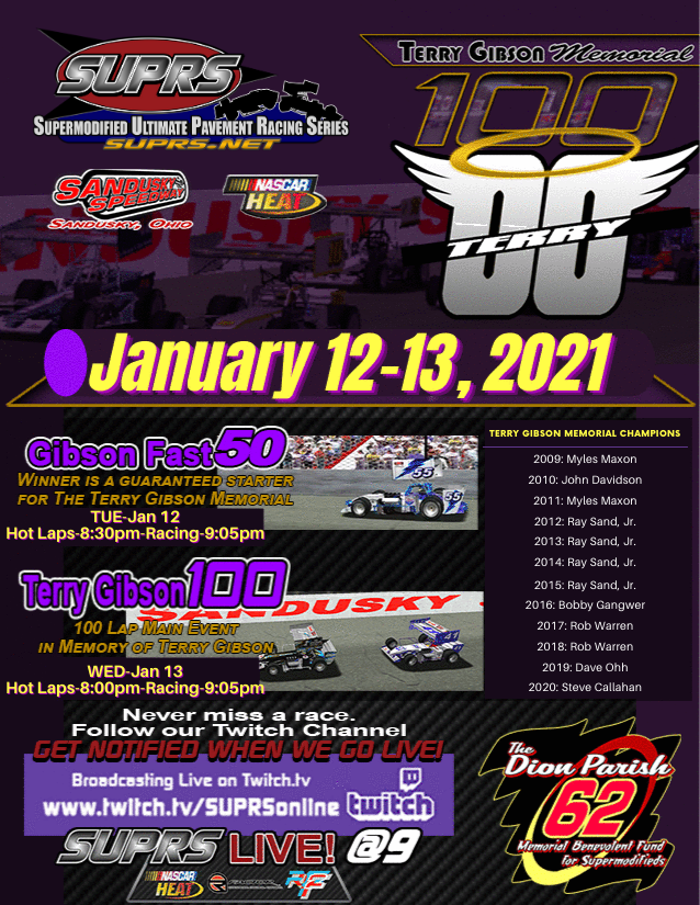 SUPRS 2021 Terry Gibson Memorial features two nights of NASCAR Heat Supermodified Sim Racing at the "North Coast Home of the Supermodifieds" Sandusky Speedway.
