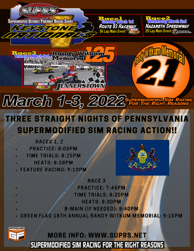SUPRS 2022 Keystone Nationals will be packed with three nights of supermodified sim racing action in Pennsylvania. Our poster tells you more
