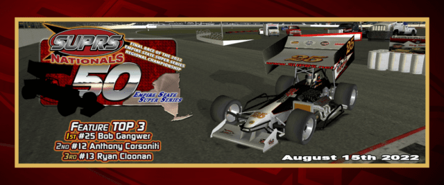 SUPRSNationals Victory Lane Art by BreezeGraphics.com shows winner Bob Gangwer in victory lane after winning the 2022 SUPRSNationals supermodified sim race at Oswego Speedway.