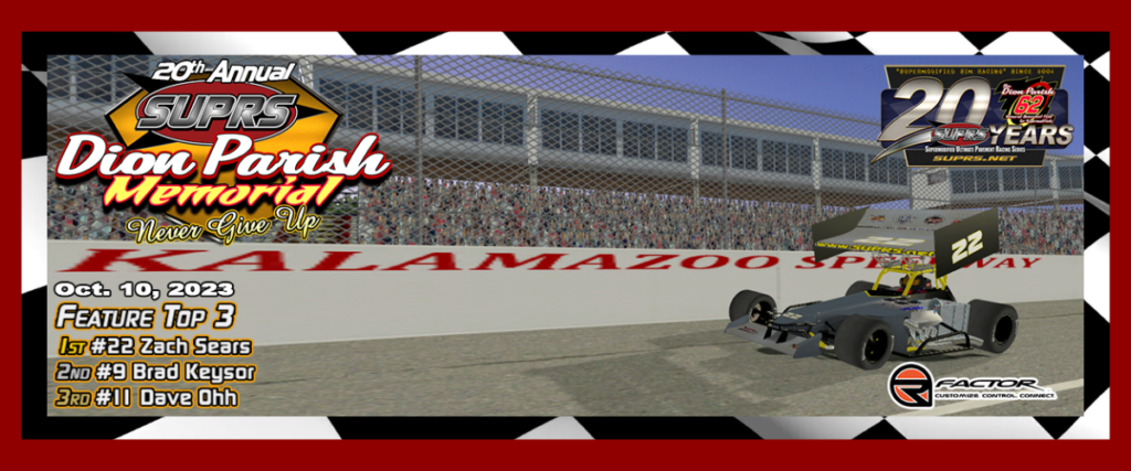 Zach Sears won the 20th Annual Dion Parish Memorial at Kalamazoo Speedway. (Victory Lane Art by BreezeGraphics.com)