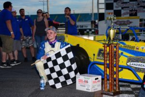 David Danzer in Oswego Speedway Victory Lane after winning supermodified race over Jeff Abold in first Twin 35 of night