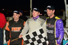 Oswego Speedway Opening Night winner Michael Barnes is flanked by Otto Sitterly and Tim Devendorf