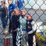 Podium finisers of first Twin 35 supermodified race at Oswego Speedway