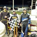 Second Oswego Speedway supermodified Twin 35 podium with winner Jeff Abold in middle