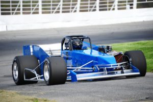 Otto Sitterly pulls into pits at Oswego Speedway in his new independent front suspension supermodified