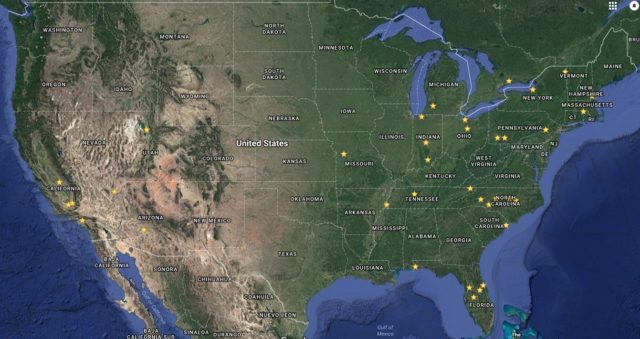 Map of North America shows all the stops on the SUPRS Gold Crest Wing Supermodified Schedule