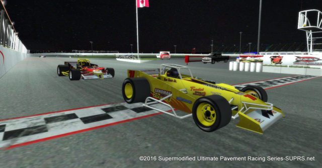 Ray Sand Jr. crosses the finish line just ahead of Keith Powell to win the 1st to Finish Race Servers IrRegular 45 supermodified sim race