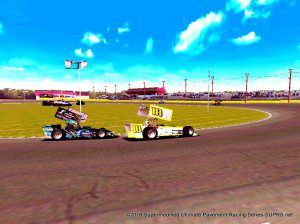 Rob Warren tries to get by Ray Sand, Jr. at SUPRS 6th Annual All-Star Classic 200