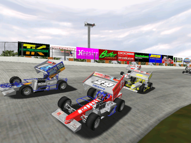 buckley speedway banking screenshot with russ wood and randy burch supermodified sim racing cars